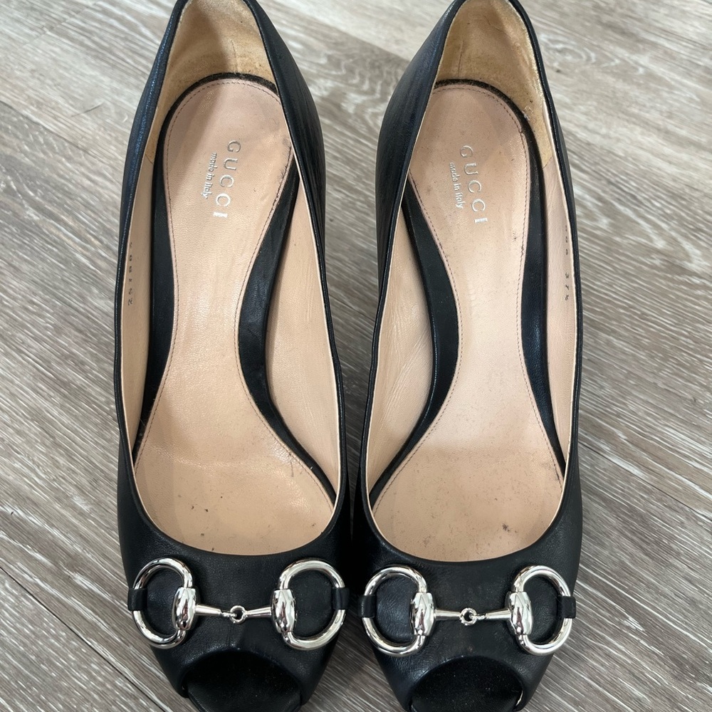 Gucci Black Peep-Toe Heels with Silver Accents